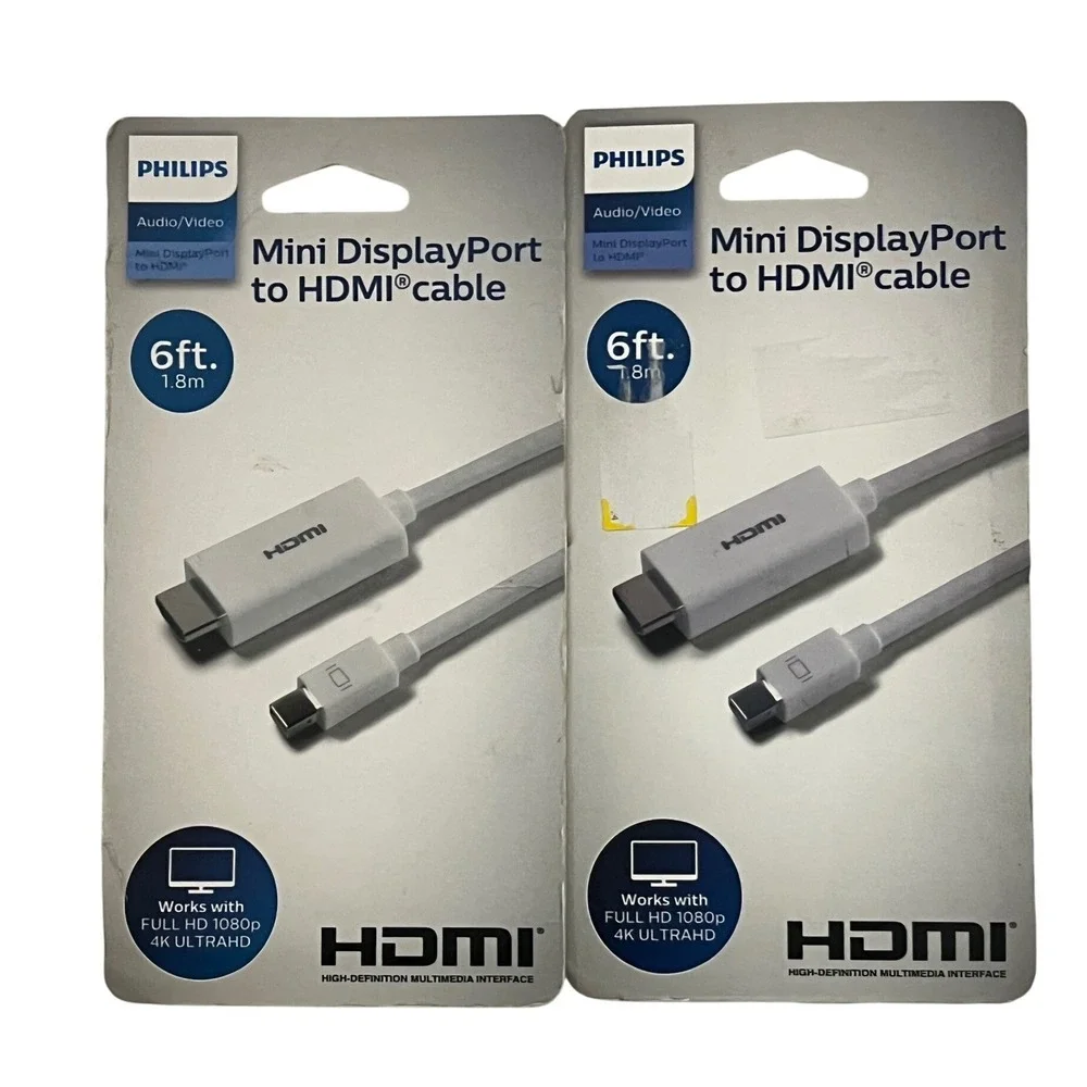 Philips Mini DisplayPort to HDMI‎ Cable 6ft 1.8m 4K Ultra HD - 2 pack NEW